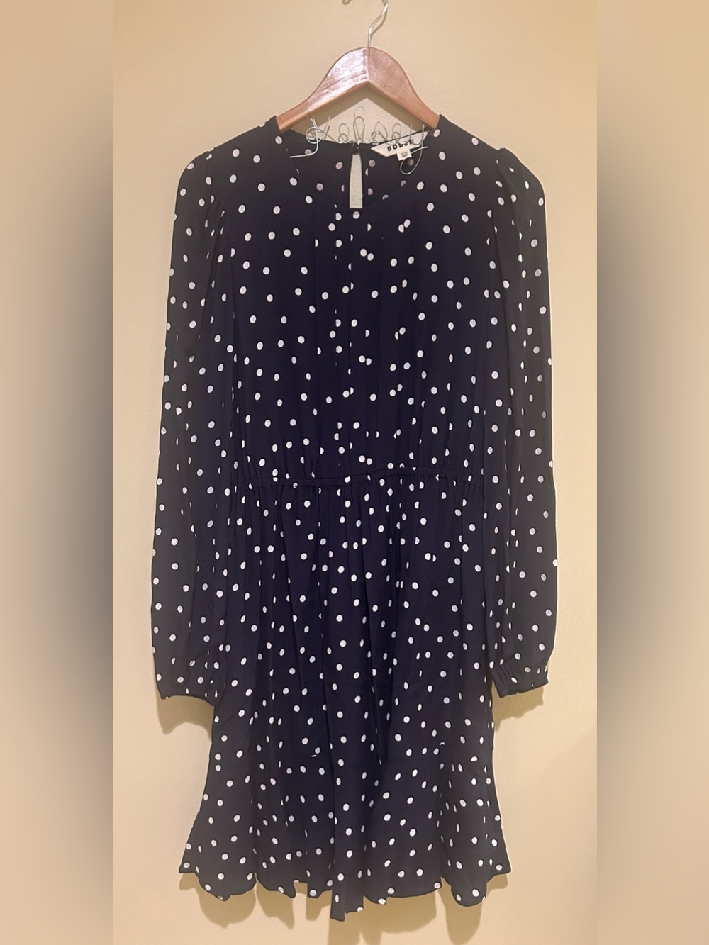Boden Polka Dot Long-Sleeve Tiered Ruffle Hem Dress Navy Blue & White Size 10